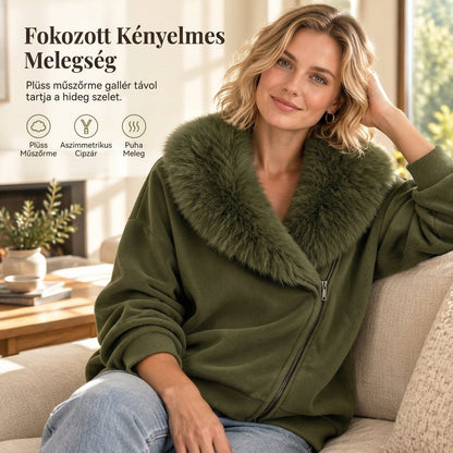 🧥 Női laza szabású kabát plüss műszőrme gallérral és aszimmetrikus cipzárral – Stílusos, kényelmes, meleg ✨
